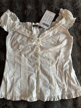 Brandy Melville White Ruffle-Trim Button Front Top